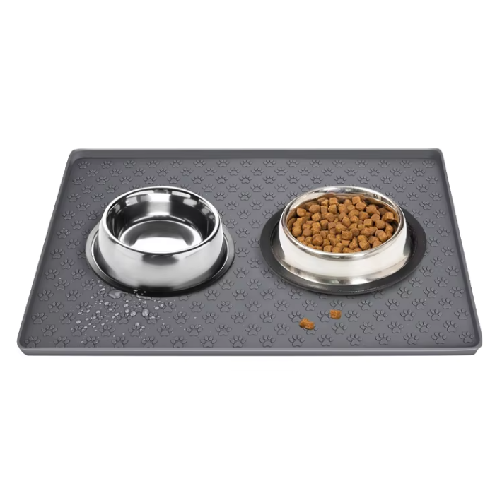 Silicone pet food mat with dual stainless steel dishes, easy to clean, perfect for messy eaters