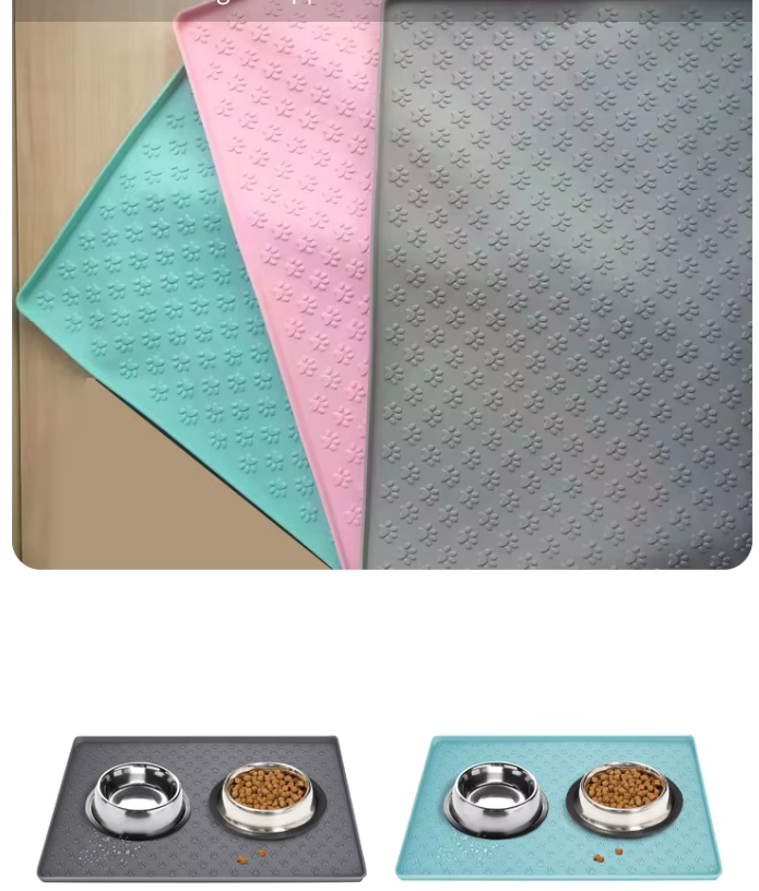Durable pet feeding mat with two stainless steel inserts, gray waterproof silicone, keeps floor clean