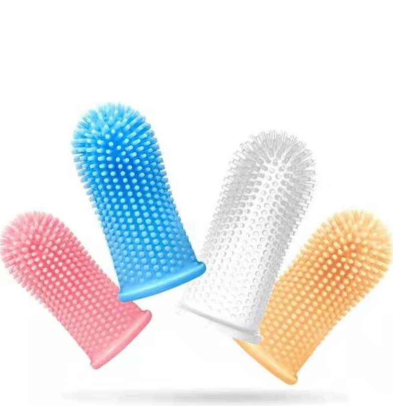 Pet finger toothbrush for gentle dental cleaning in dogs and cats, promoting fresh breath and plaque removal.