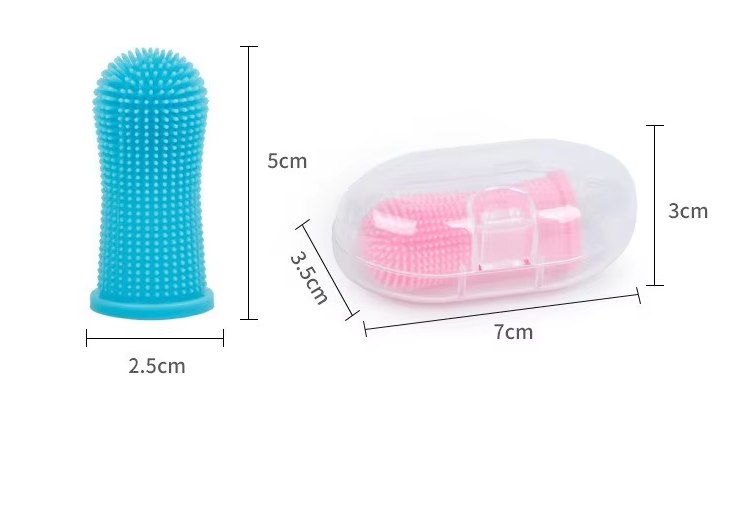 Soft silicone pet finger toothbrush for effective plaque removal and improved dental hygiene in pets.