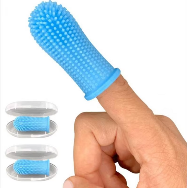 Close-up of a pet finger toothbrush, showing soft bristles for gentle yet thorough cleaning of pet teeth.