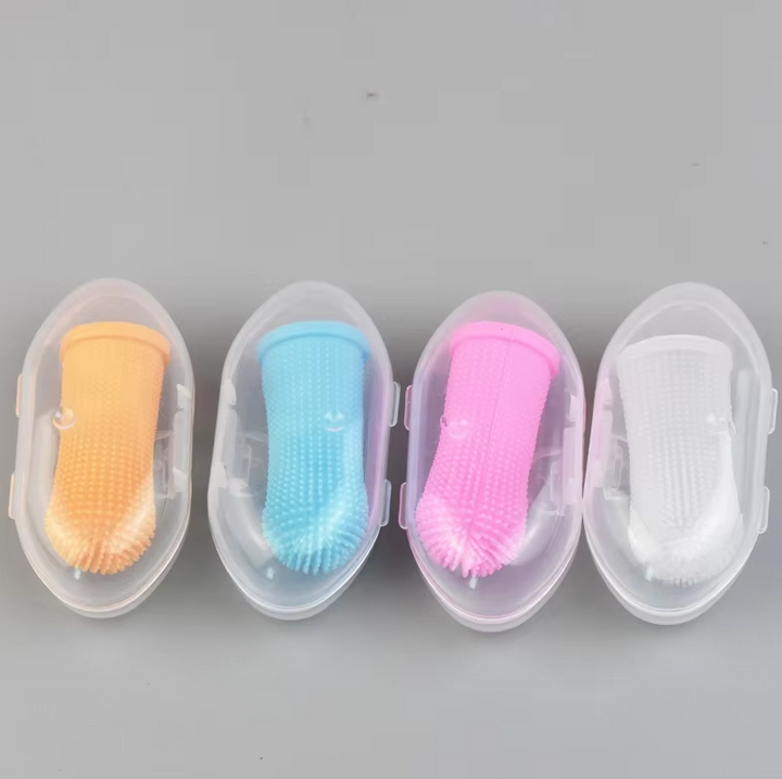 Healthy pet smile achieved with consistent use of a gentle reusable pet finger toothbrush, reducing plaque.