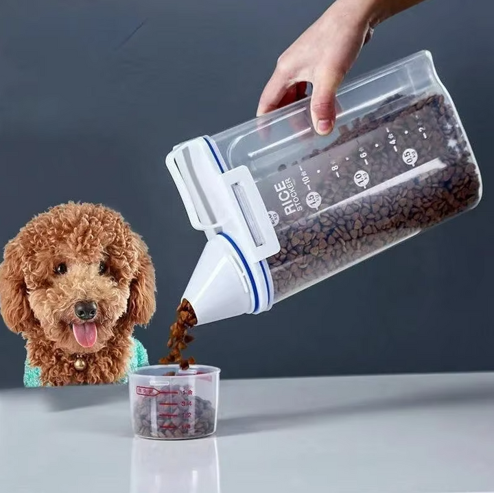 Pet food dispenser with measuring cup for dry food storage, transparent container
