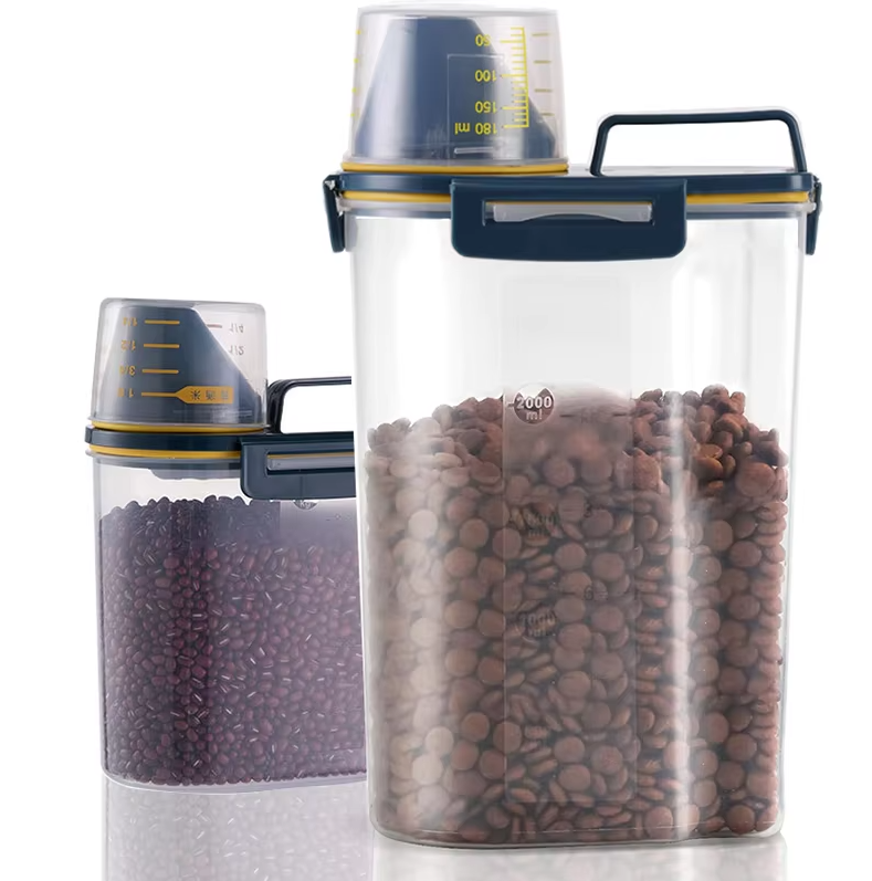 Practical pet food dispenser and storage unit with a handy measuring cup for dry food