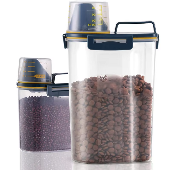 Practical pet food dispenser and storage unit with a handy measuring cup for dry food