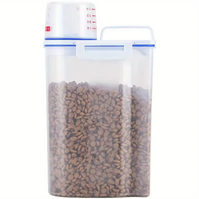 Pet food dispenser featuring an integrated measuring cup for precise dry food portions