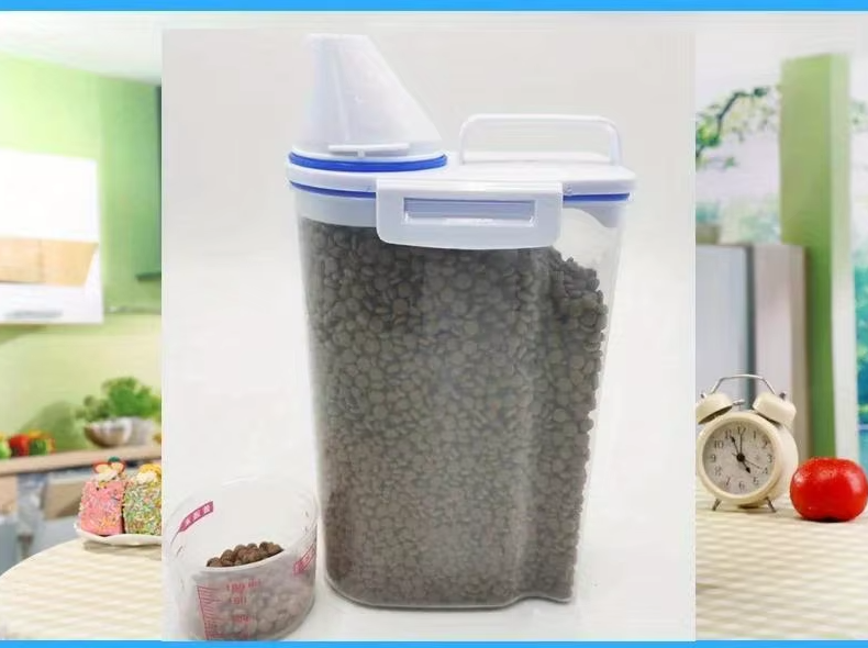 Airtight pet food dispenser designed for hygienic storage of dry pet food, with cup