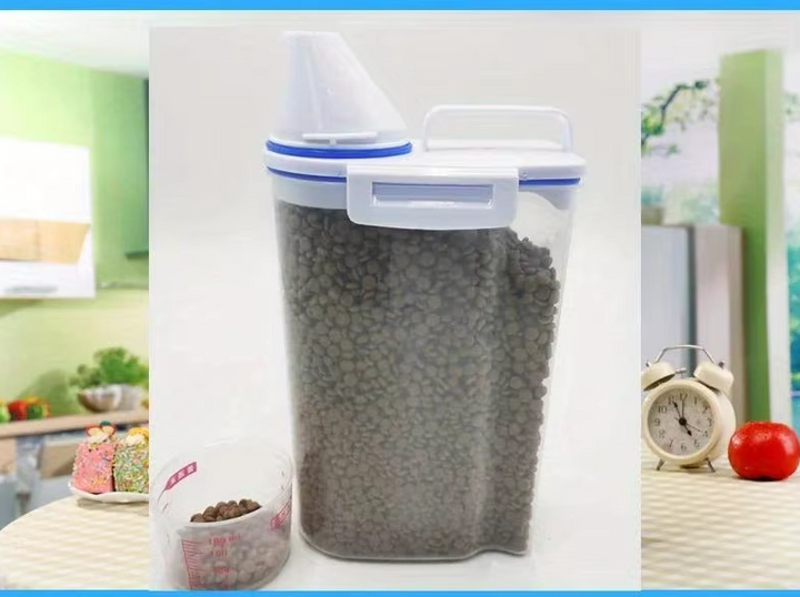 Airtight pet food dispenser designed for hygienic storage of dry pet food, with cup