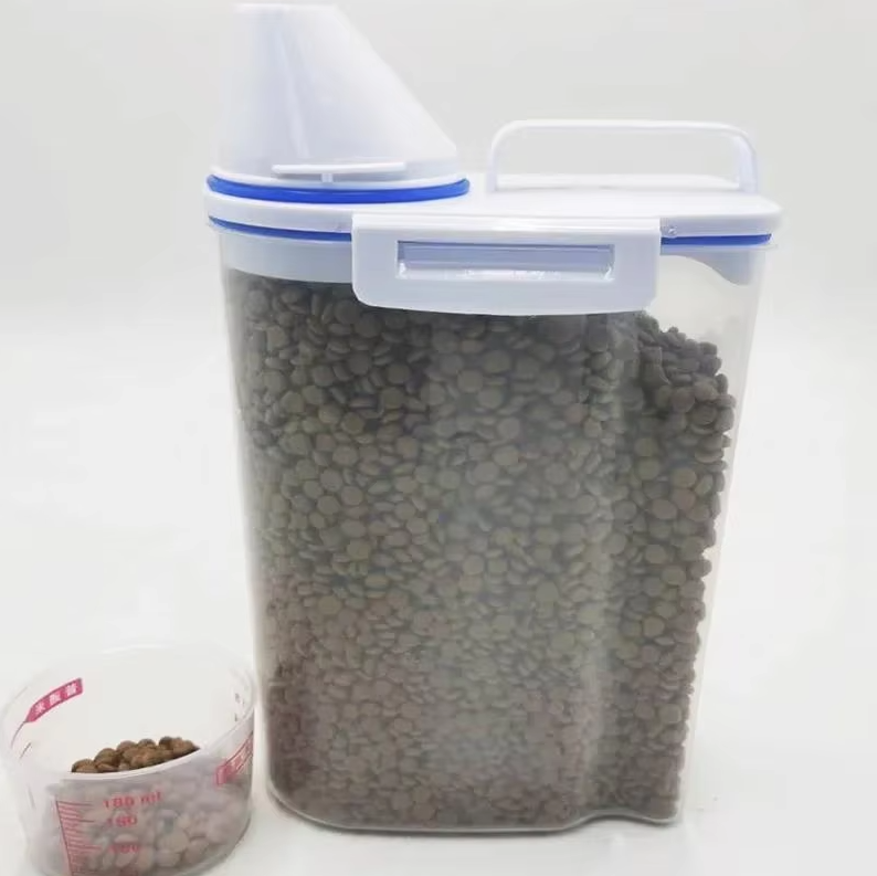 Large capacity pet food dispenser with measuring cup for bulk dry food storage