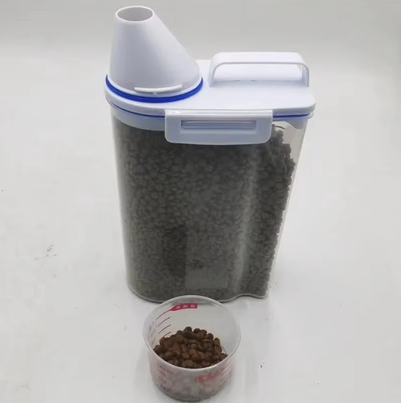 Ergonomic pet food dispenser with easy-pour spout and attached measuring cup for dry food