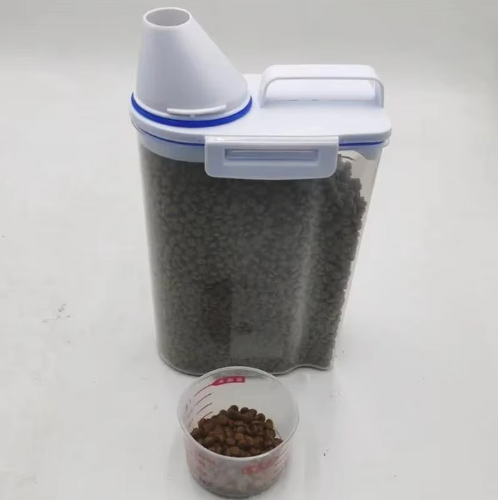 Ergonomic pet food dispenser with easy-pour spout and attached measuring cup for dry food