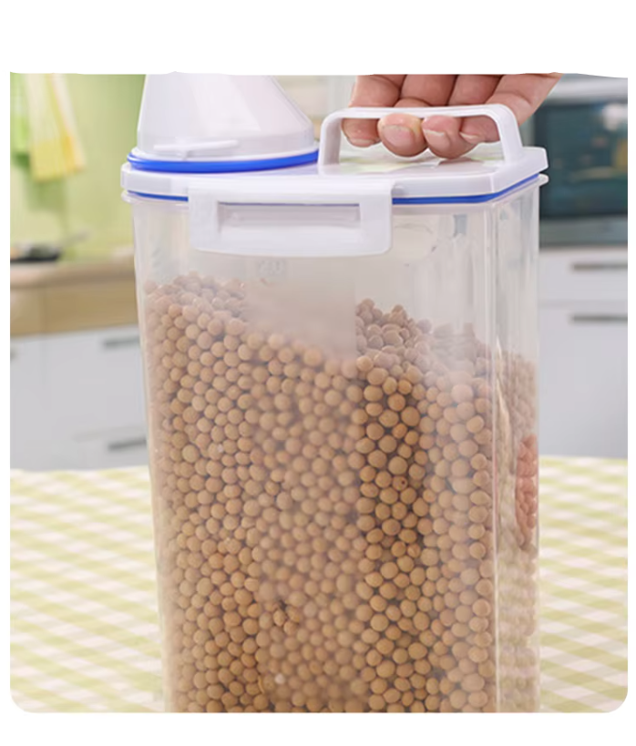 Pet food dispenser with a secure lid and measuring cup, essential for dry food management