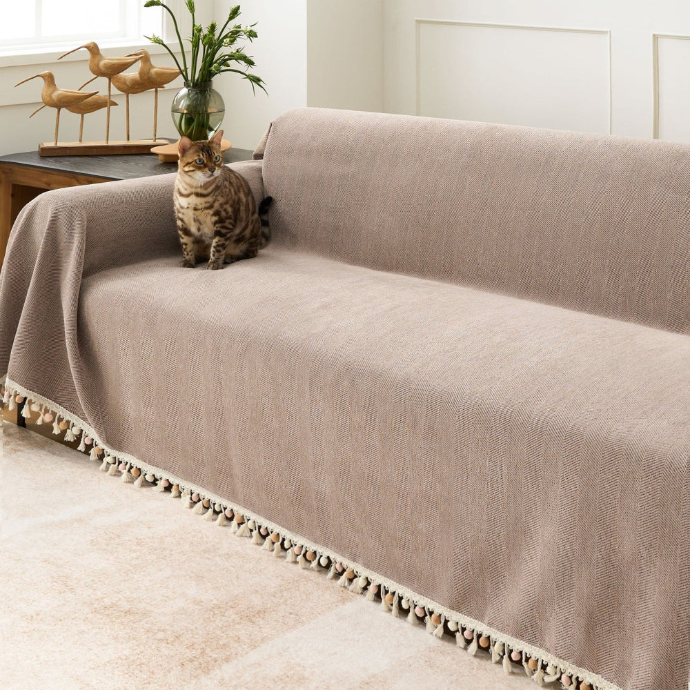 Herringbone pattern pet friendly sofa slipcover, designed for easy care and ultimate furniture protection.