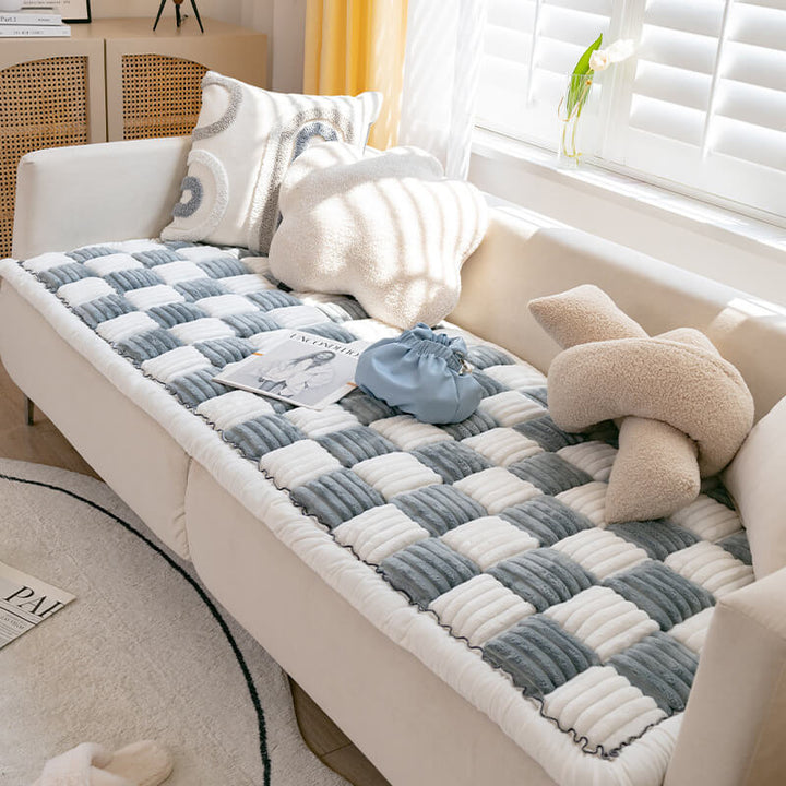 Full view of a pet-friendly non-slip cotton couch cover, beige, protecting a two-seater