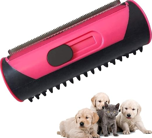Pet grooming roller for clothes and furniture, showcasing its self-cleaning feature.