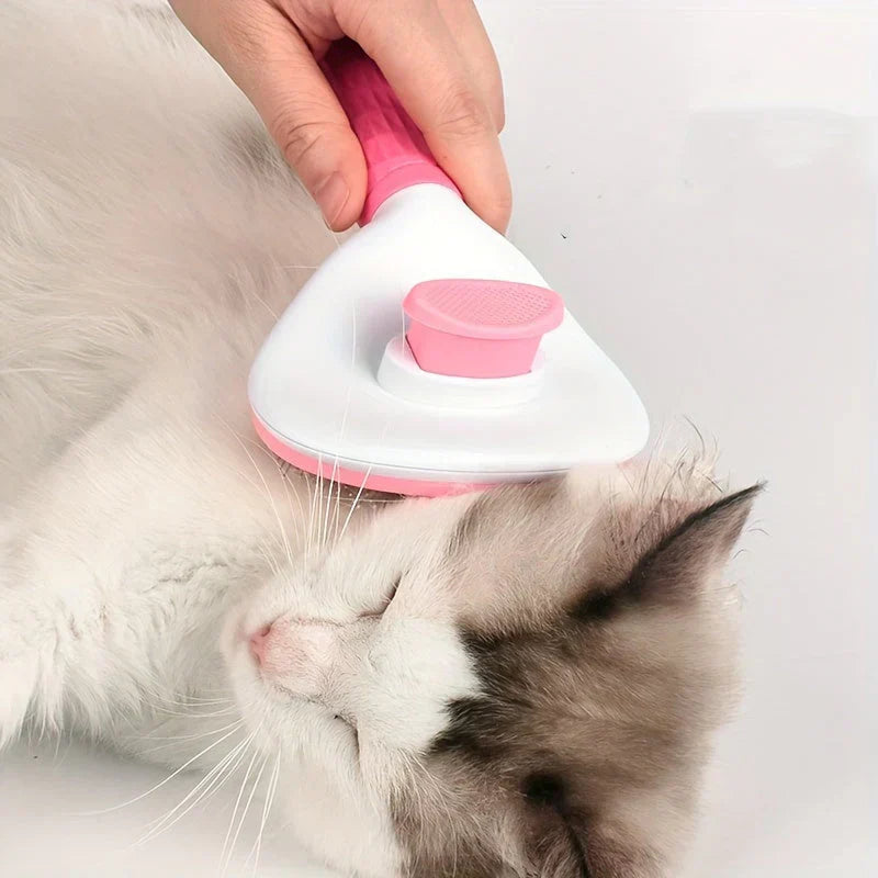Pet grooming brush with self-cleaning feature for dogs and cats, reducing shedding, fur care