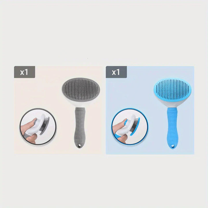 Self-cleaning pet brush next to a bowl of pet treats, showing a complete pet care routine