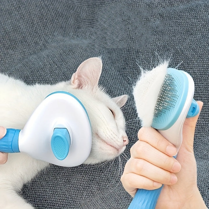 Close-up of pet grooming brush bristles with self-cleaning button, ideal for pet fur care