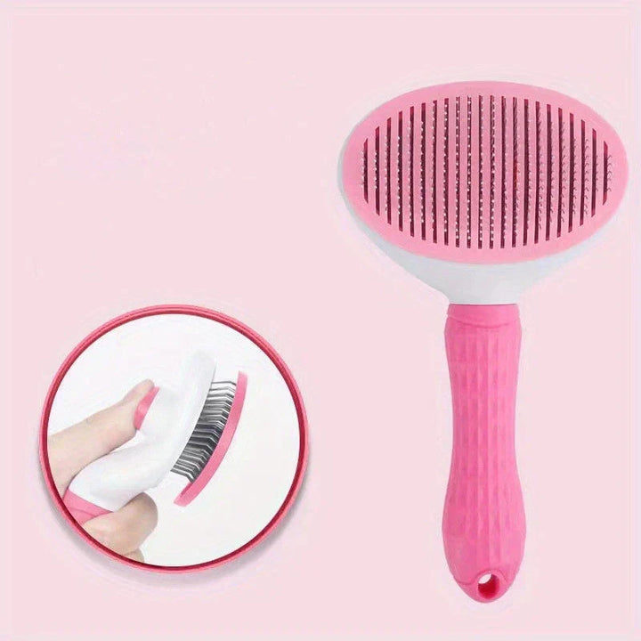 Hand holding self-cleaning pet brush, demonstrating ergonomic design for dog and cat grooming