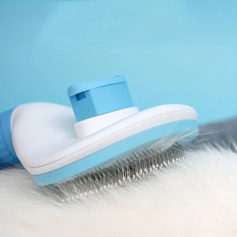 Pet owner using a self-cleaning grooming tool on a fluffy cat, showing effective fur care