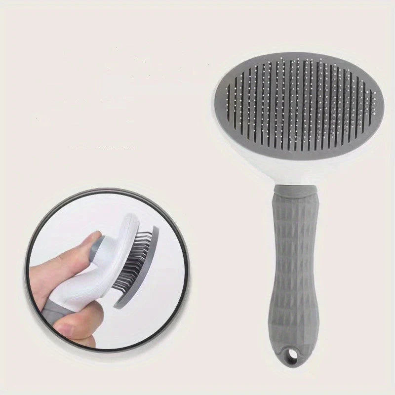 Dog enjoying a grooming session with the self-cleaning pet brush, for shedding reduction
