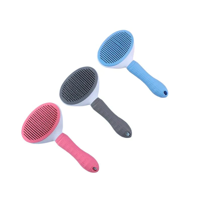 Pet grooming brush and its packaging, emphasizing the self-cleaning feature for pet care