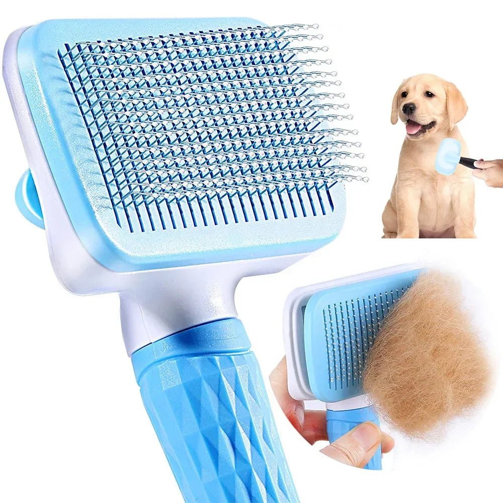 Ergonomic deshedding and massaging brush with soft bristles for comfortable pet grooming and fur care.