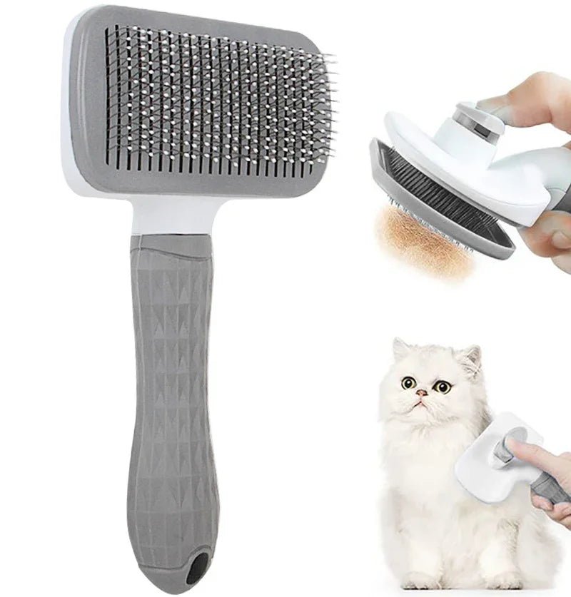 Dog being groomed with a deshedding and massaging brush, providing a comfortable experience and fur care.