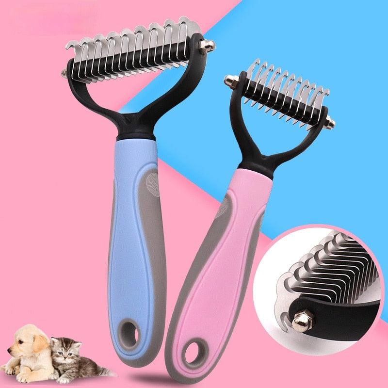 Ergonomic pet detangling comb with stainless steel teeth for effective pet grooming and care.