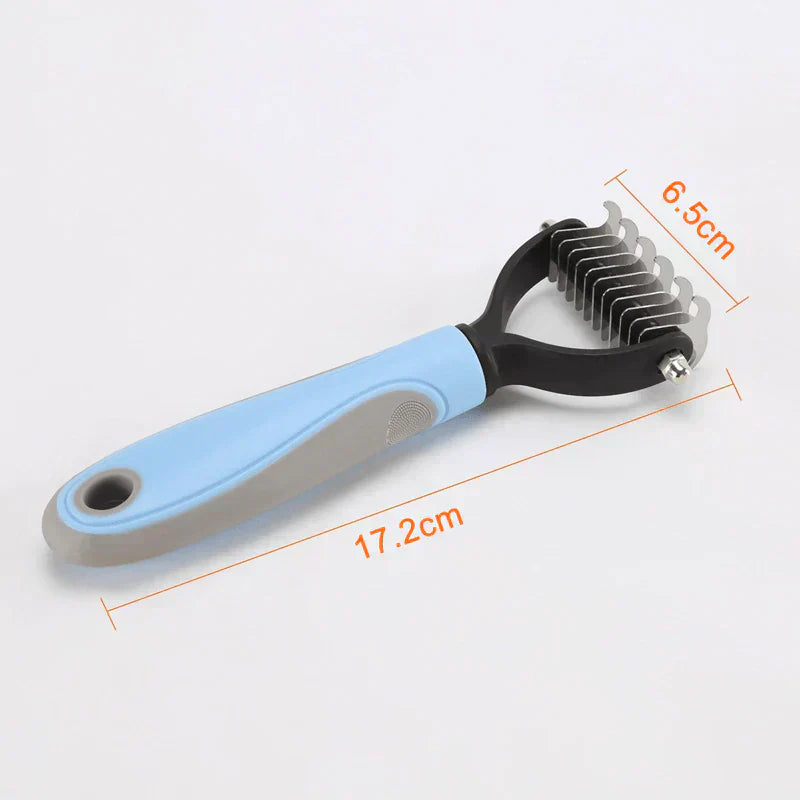 Close-up of a high-quality pet detangling comb, essential tool for pet care and knot removal.