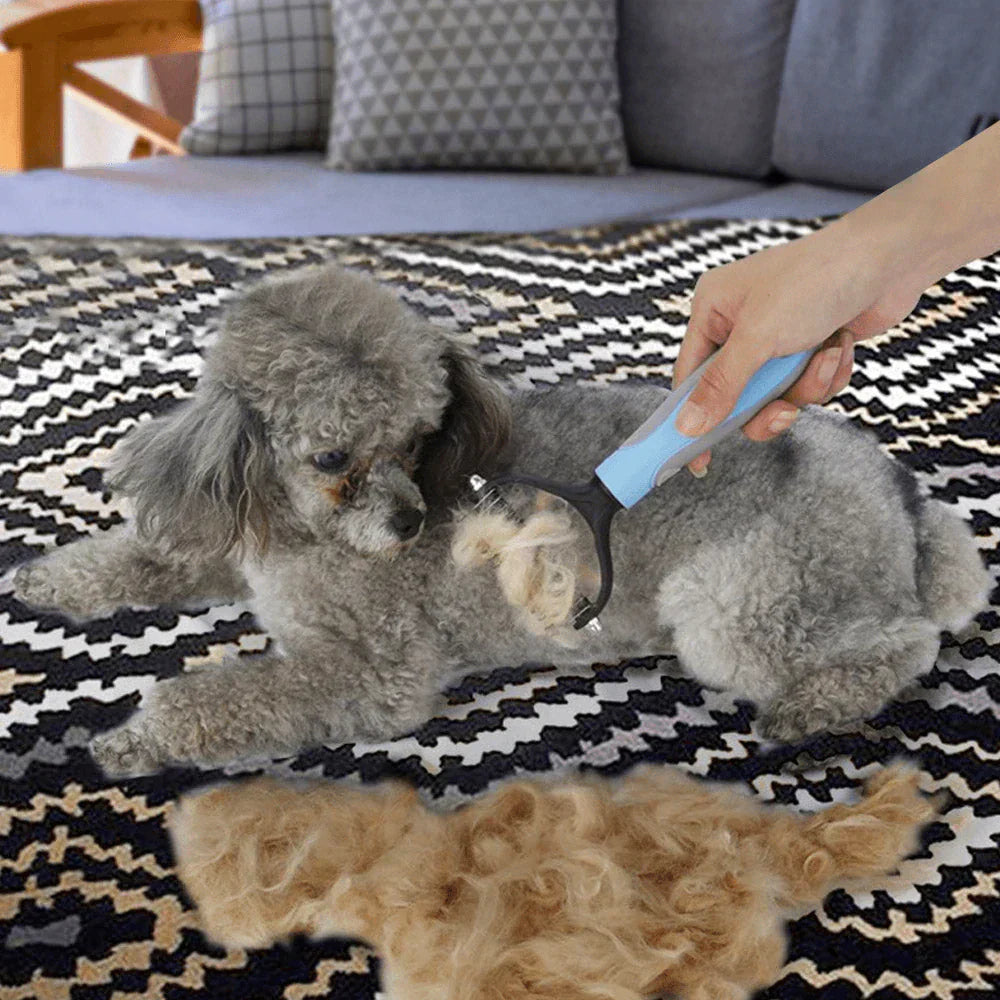 Pet grooming comb designed to gently detangle pet fur, reducing shedding and improving coat health.
