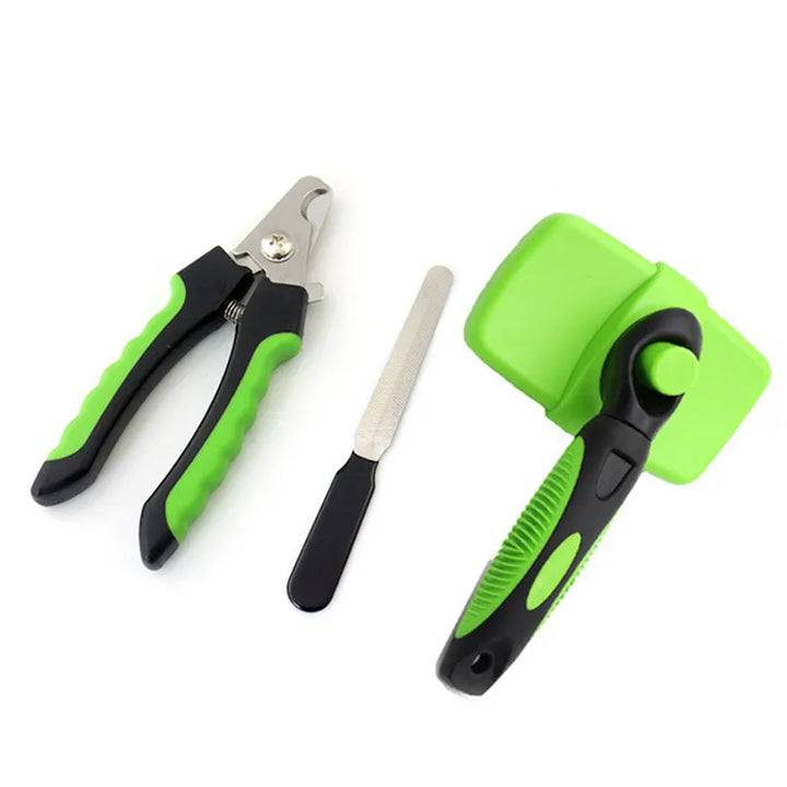 Cat grooming kit featuring a quick-release pet brush and safety nail clippers for home use