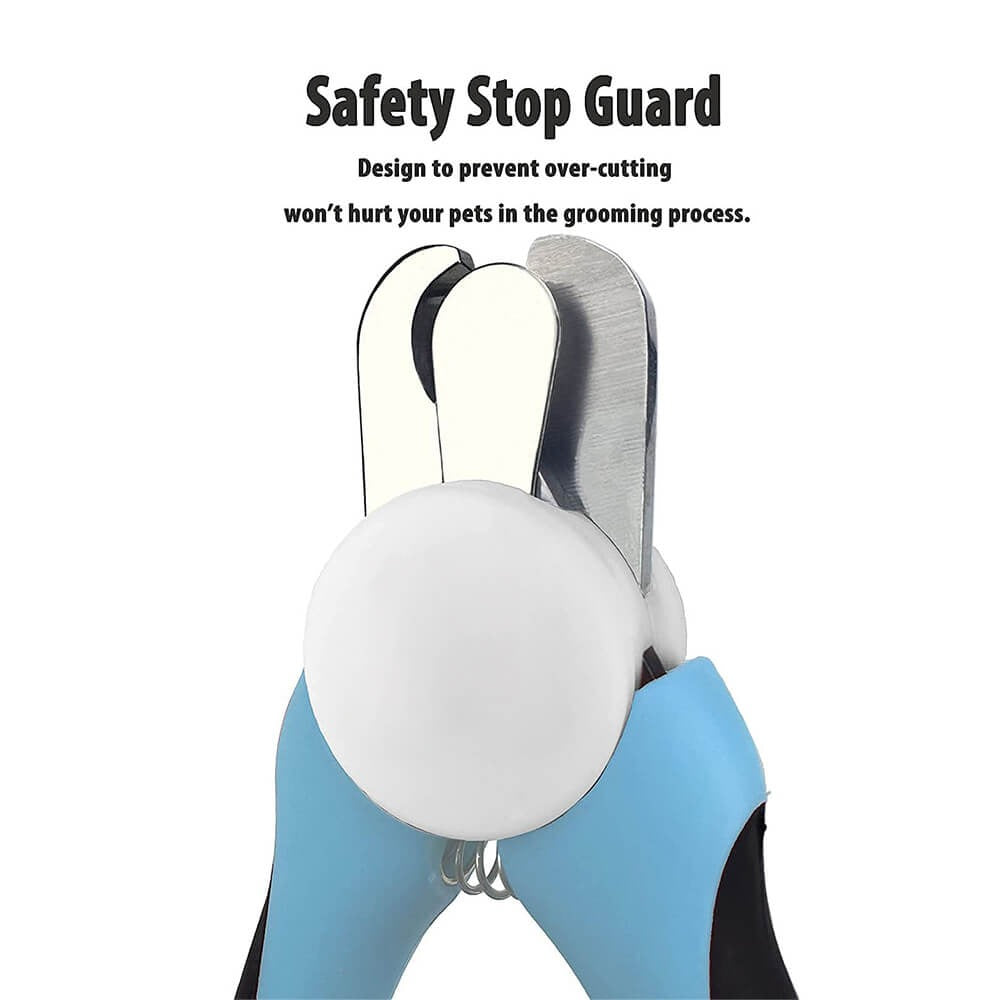 Close-up of pet nail clipper with ergonomic handle and built-in nail file