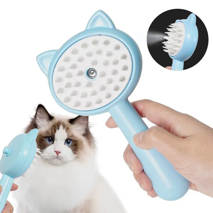 Pet grooming spray brush with soft silicone bristles for dogs and cats, portable design