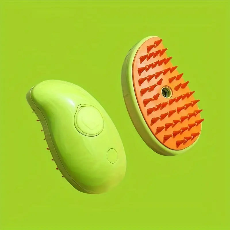 Cordless steam brush for pets on a blue background, with 'Pet Grooming Steam Brush' text