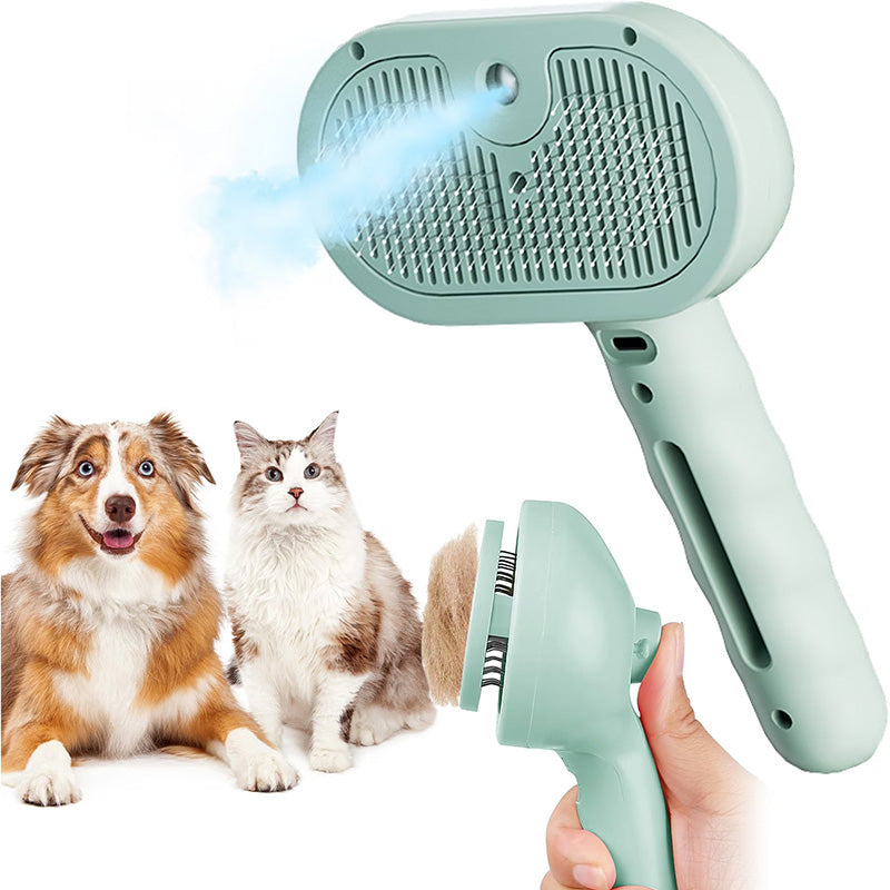 Innovative pet steam brush removing loose fur from a long-haired cat, clean finish