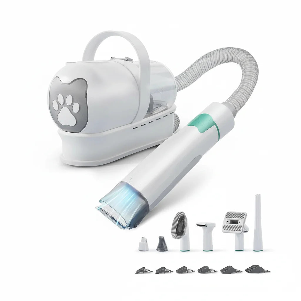 Pet Grooming Vacuum & Hair Dryer System with deshedding tool for dogs & cats, promoting pet hygiene
