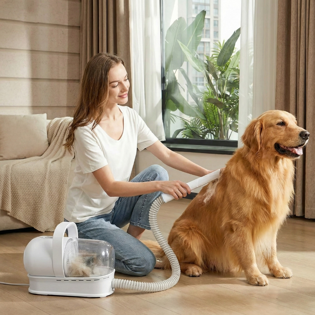 Comprehensive pet grooming kit including vacuum, hair dryer, & clippers for efficient dog & cat care