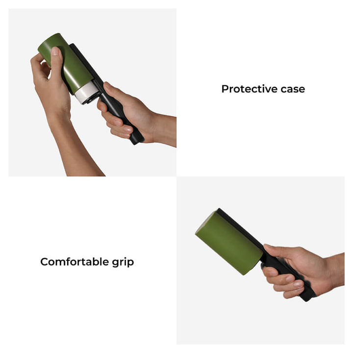 Pet Hair Remover Roller shown in action, easily picking up pet hair from a sofa cushion, home cleaning