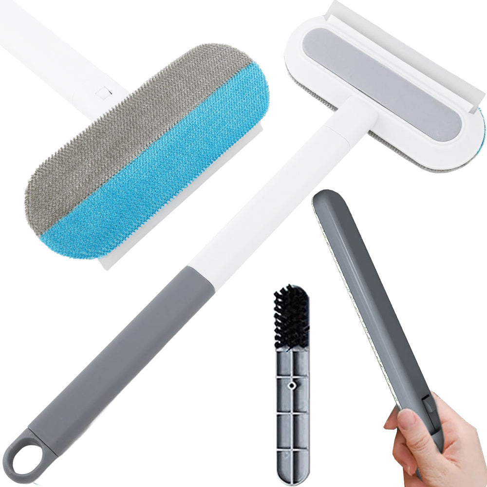 Pet hair remover tool resting on a couch cushion, highlighting its use for home cleaning and pet fur removal