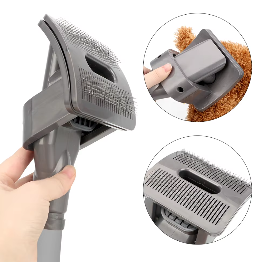 Pet grooming vacuum attachment in action, effectively removing hair from a dog's coat.