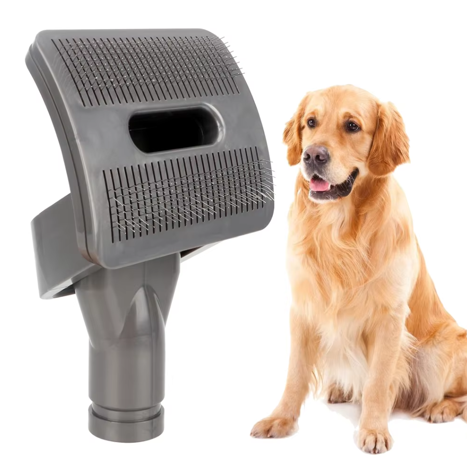 Grooming vacuum attachment, designed for pet hair removal and coat cleaning on various animal breeds.