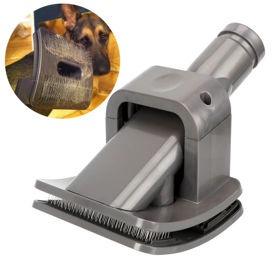 Innovative pet grooming tool: vacuum attachment for brushing and cleaning dog and cat hair.