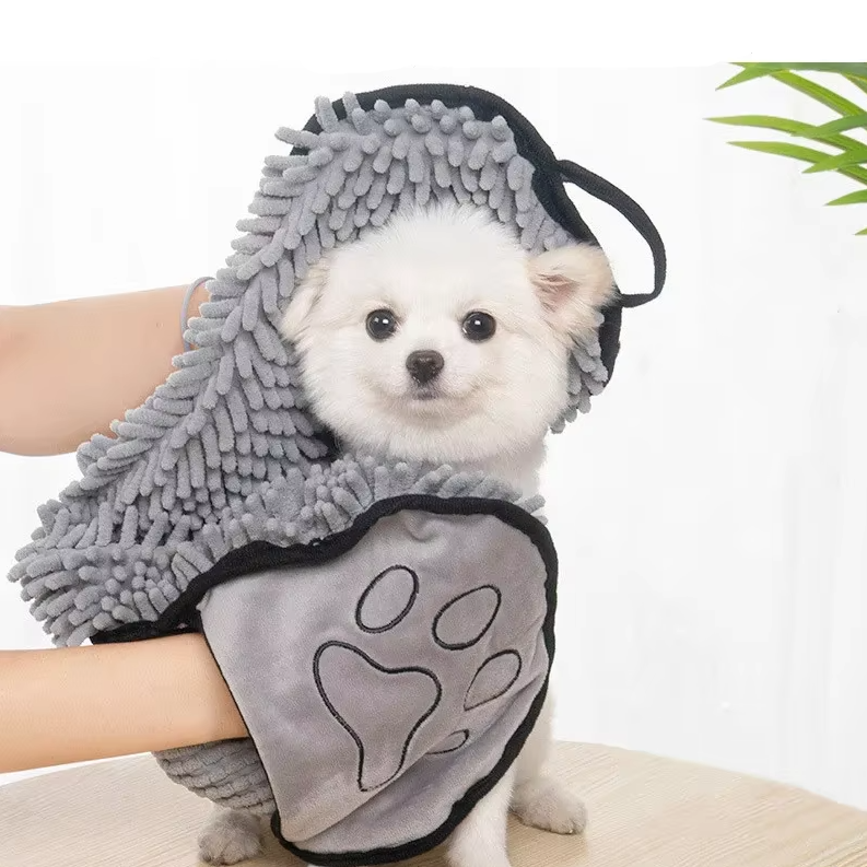 Pet microfiber drying towel with glove for dogs and cats, super absorbent for fast drying after bath