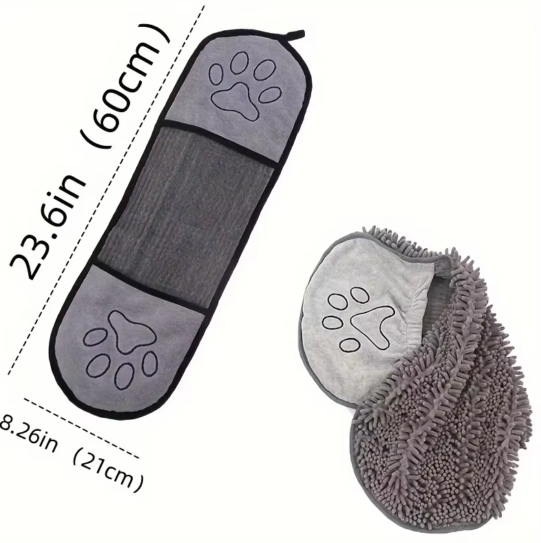 Grooming a pet with the microfiber drying towel and glove, emphasizing its ease of use and pet care