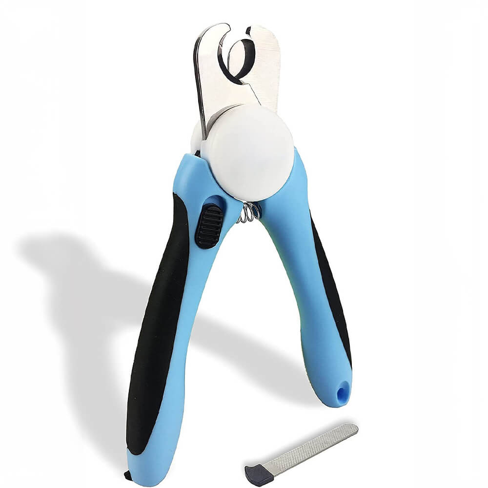 Pet nail clipper with blue handles, safety guard, and nail file for safe dog & cat grooming.