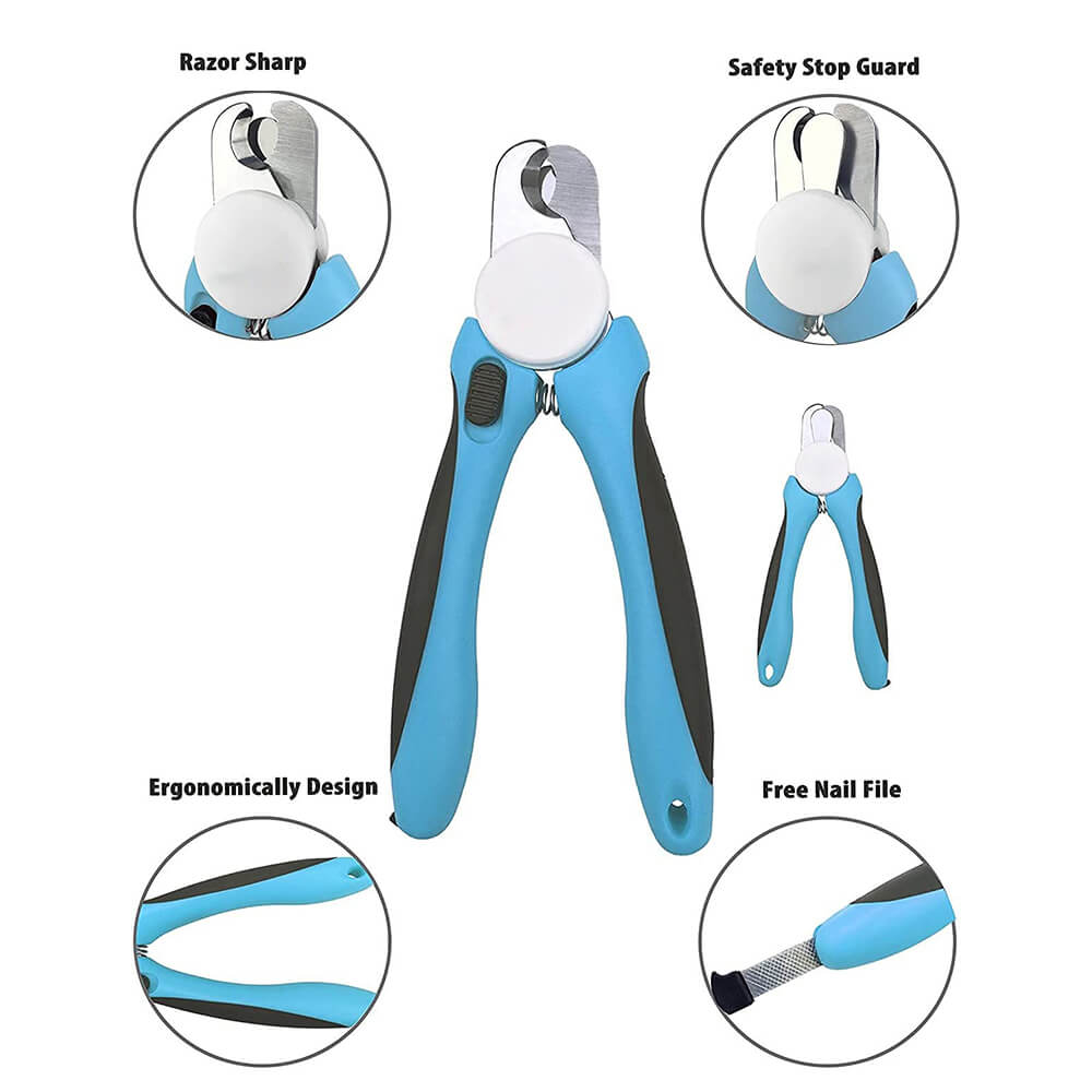 Ergonomic pet nail clipper featuring a protective safety guard and integrated file for pet grooming.