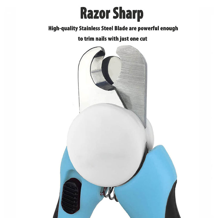Close-up of a sharp pet nail clipper, safety guard, and attached file, suitable for dogs & cats.