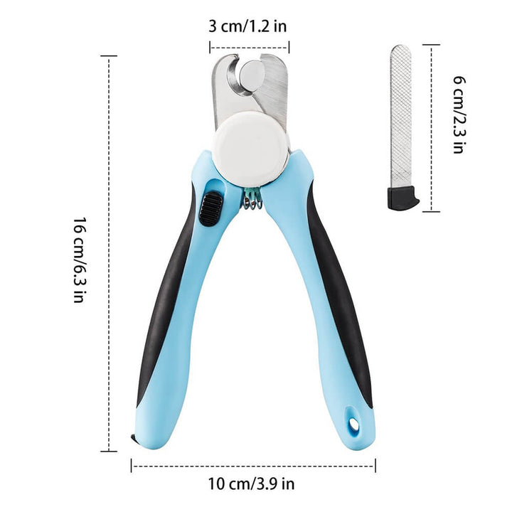 Stainless steel pet nail clipper and file set, designed for secure and easy pet nail trimming.