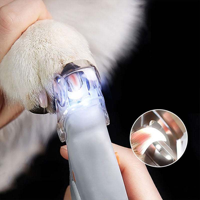 Stainless steel pet nail clippers with LED light, ideal for dog & cat nail care.